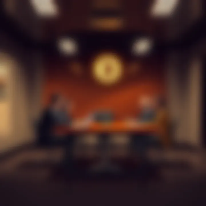 A group of five people discussing Bitcoin strategy around a table in a Texas government office