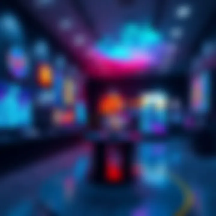 Tezos NFT Art Showcase Colorful digital artworks displayed in a gallery setting, highlighting creativity within the Tezos community