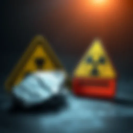 A shiny piece of thallium metal placed next to a warning sign indicating its toxic nature