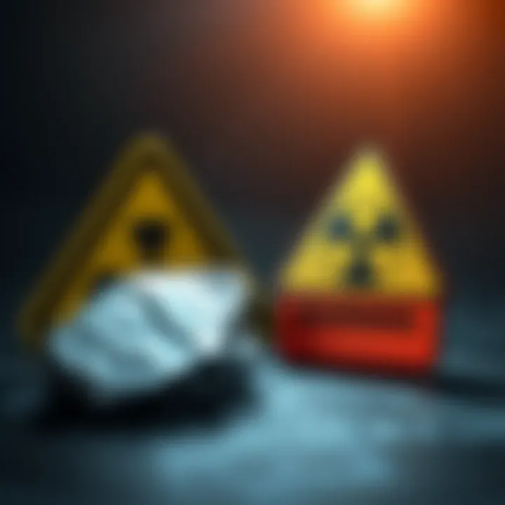 A shiny piece of thallium metal placed next to a warning sign indicating its toxic nature