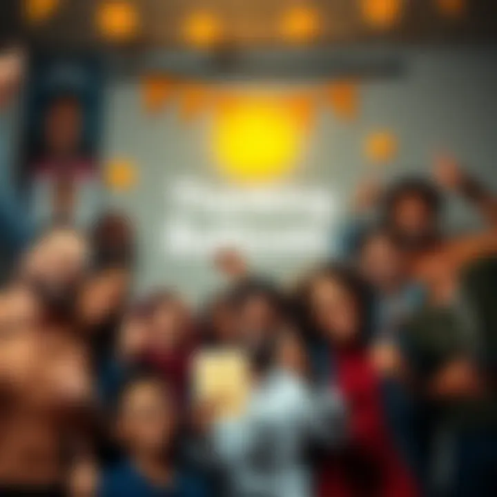 A group of diverse people celebrating and showing appreciation for the Buttcoin community with smiles and thumbs up, surrounded by humorous posters.