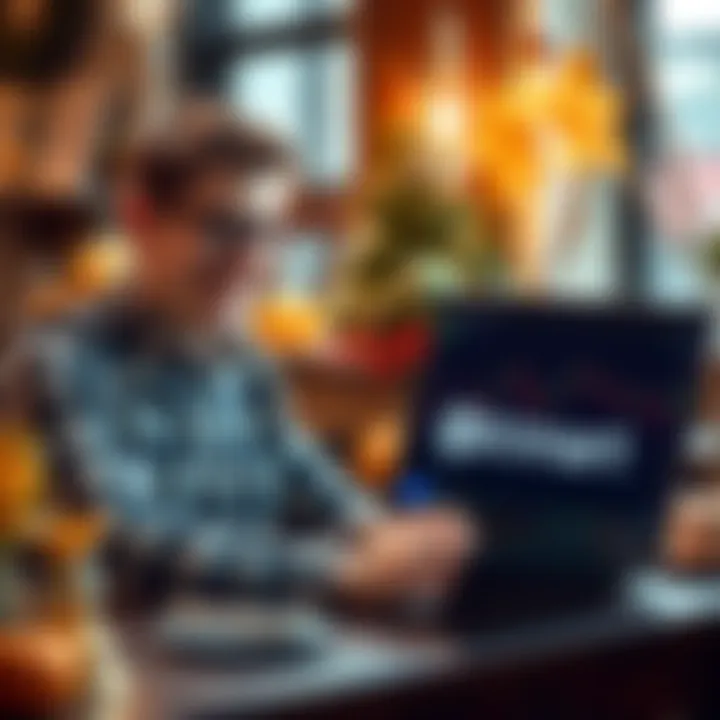 A happy trader smiling while looking at a laptop displaying the Bitmart platform and trading charts, with a warm Thanksgiving setting in the background.