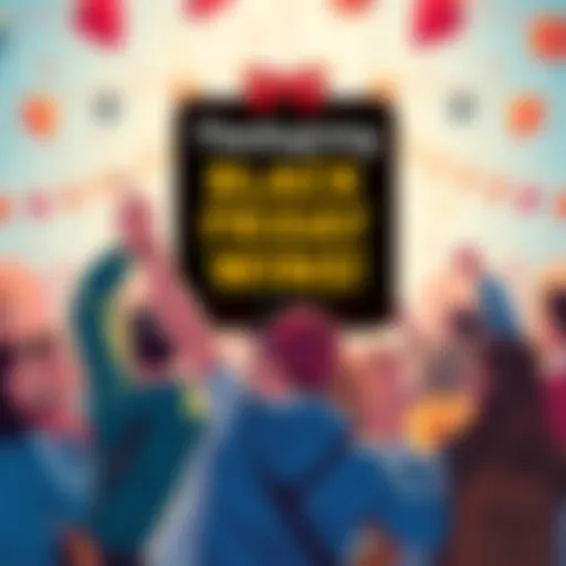 A vibrant illustration showing people excitedly participating in Bitmart's Thanksgiving and Black Friday events, with festive decorations and prizes in view.