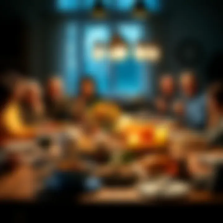 A joyful gathering of friends and family around a beautifully set Thanksgiving table filled with food and decorations.