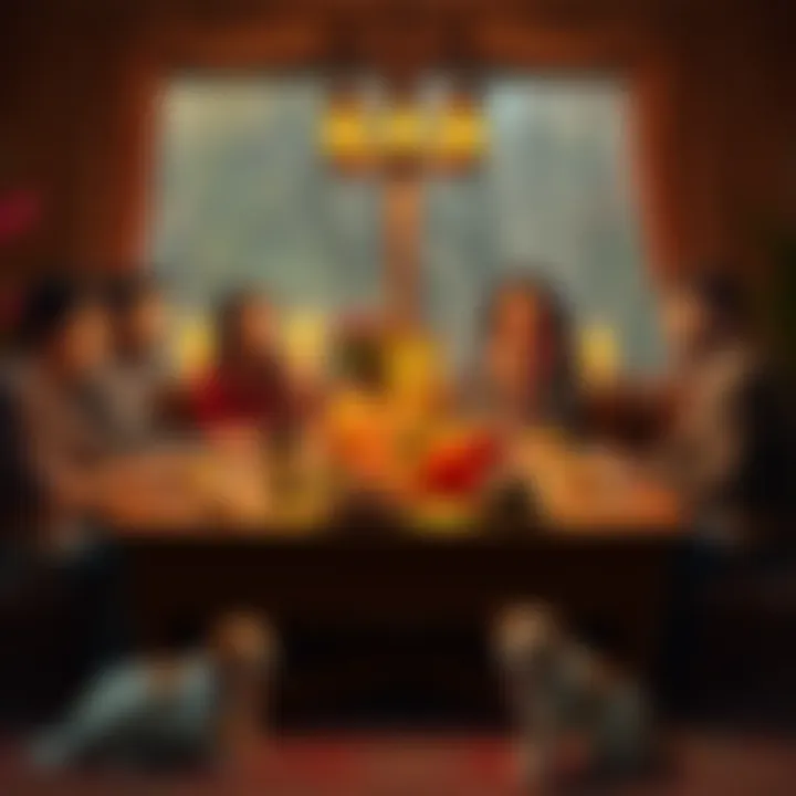 Family gathered around a Thanksgiving table discussing cryptocurrency and sharing ideas