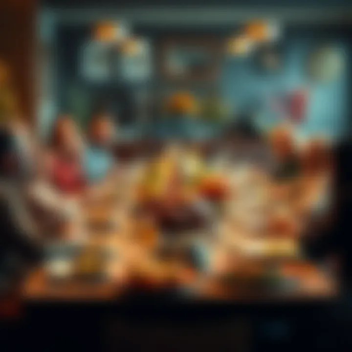 A beautifully set Thanksgiving dinner table with traditional dishes like turkey, mashed potatoes, and pumpkin pie surrounded by family members sharing smiles and laughter.