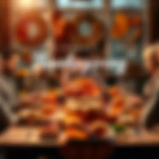 A festive Thanksgiving table set with a turkey, autumn decorations, and family gathered around