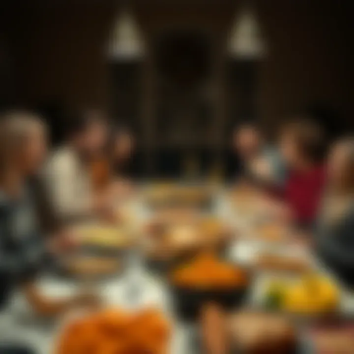 A joyful family gathering around a table filled with Thanksgiving dishes, celebrating togetherness and gratitude.