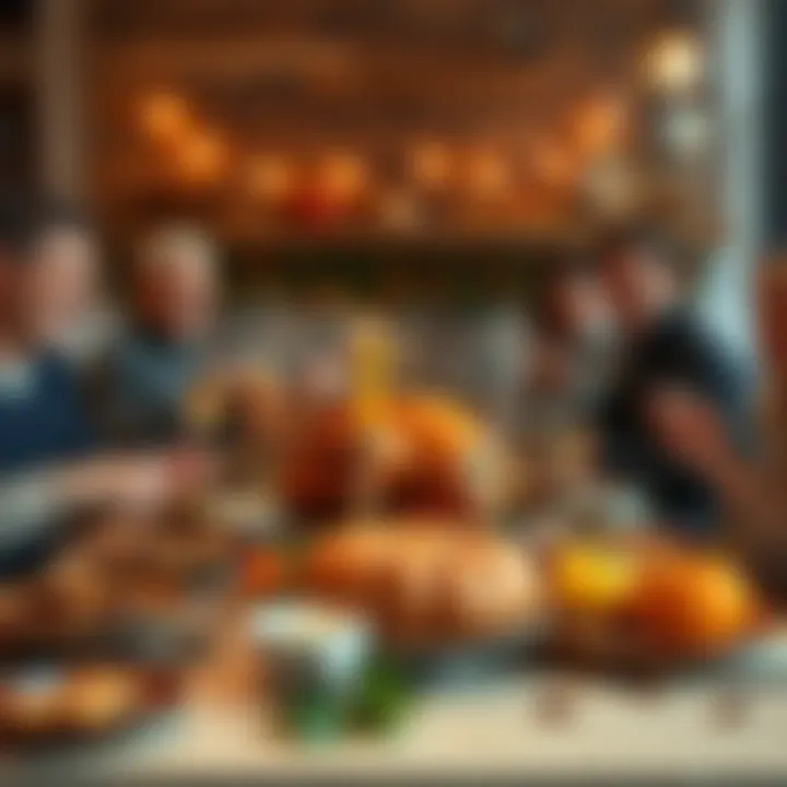 A festive Thanksgiving table set with a turkey, sides, and cheerful people enjoying the meal together.