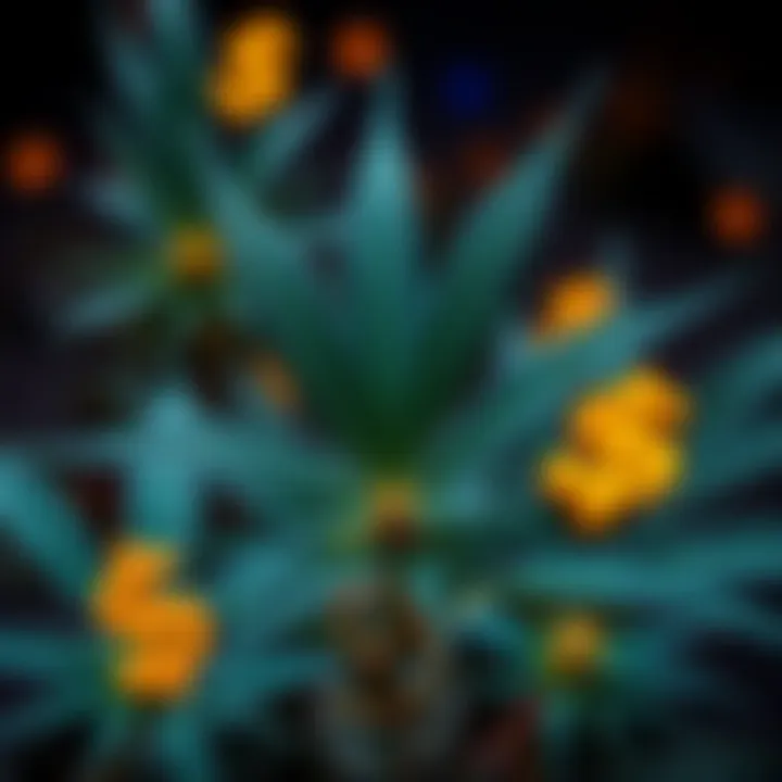 A graphic showing cannabis leaves intertwined with dollar signs, representing the link between THC and financial growth.