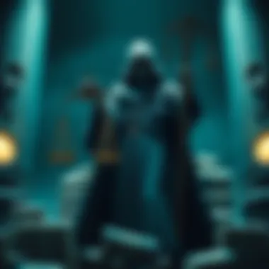 The Reaper Challenging Fiat Currency A figure personifying The Reaper stands confidently with scales of justice, confronting stacks of fiat currency representing wealth drain.