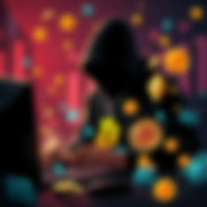 A shadowy figure working on a computer with cryptocurrency symbols and digital wallet icons surrounding them, representing the mixing of stolen BTC.