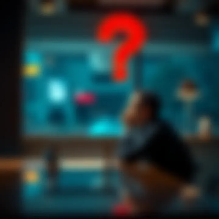 A person sitting at a table, lost in thought with a question mark hovering above their head, representing curiosity and reflection on daily decisions.
