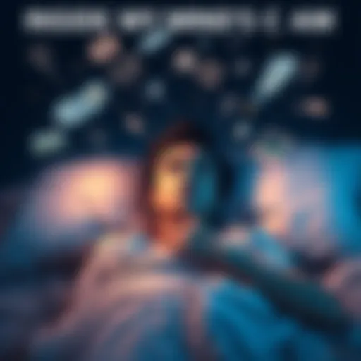 A person lying in bed with a thoughtful expression, surrounded by floating ideas and images representing late-night thoughts, under a dimly lit room.