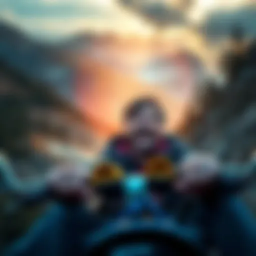 A person experiencing a steep decline during an adventure ride, looking excited and focused, with a backdrop of mountains and trees.