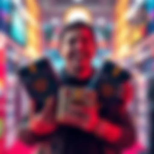 A happy person smiling and holding three legendary parcels with three additional parcels around them, showcasing a big win in purchasing.