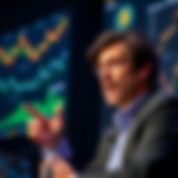 Tim Draper speaks passionately about Bitcoin at a conference, with charts and graphs displayed behind him to illustrate cryptocurrency's impact.