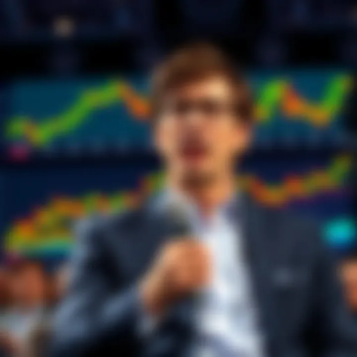 Billionaire Tim Draper confidently speaks about Bitcoin's future at a conference, with charts showing rising prices in the background.