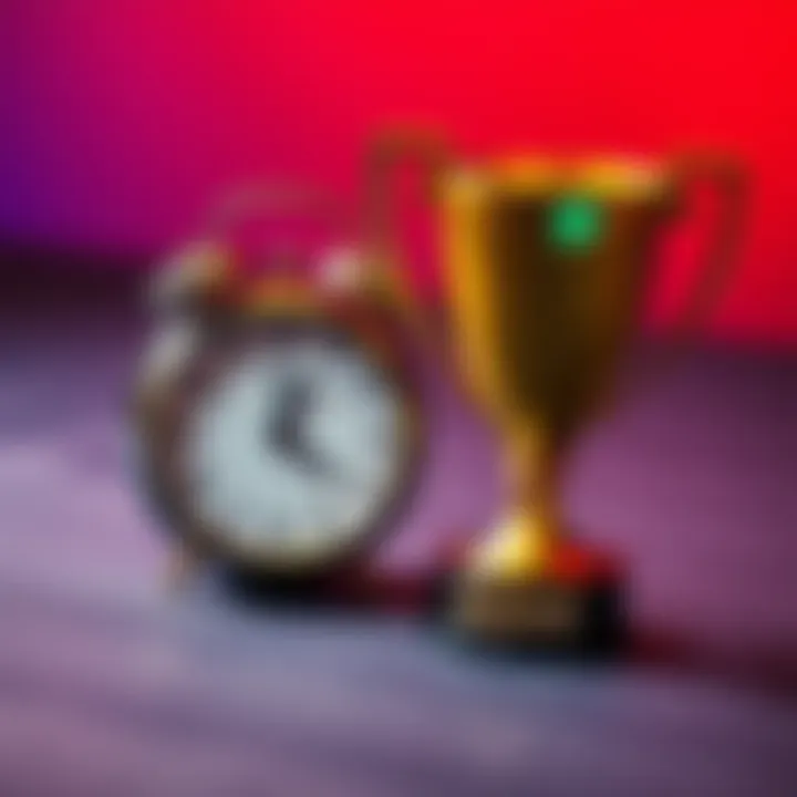 A timer and a trophy placed together, representing the anticipation of winner announcements in contests and competitions.