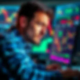 A tired investor looks at fluctuating cryptocurrency charts on a computer screen, showing signs of frustration and disinterest.