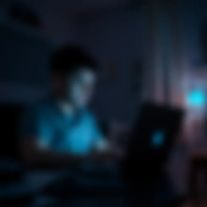 Tired person sitting at a desk with a laptop, struggling to stay awake while working on BitMart missions in a dimly lit room