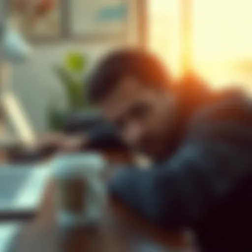 Exhausted worker resting their head on a desk with a coffee cup nearby