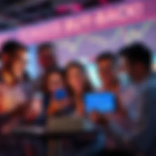 A group of excited investors looking at charts on their devices, showing a market rally after the company's token buy-back