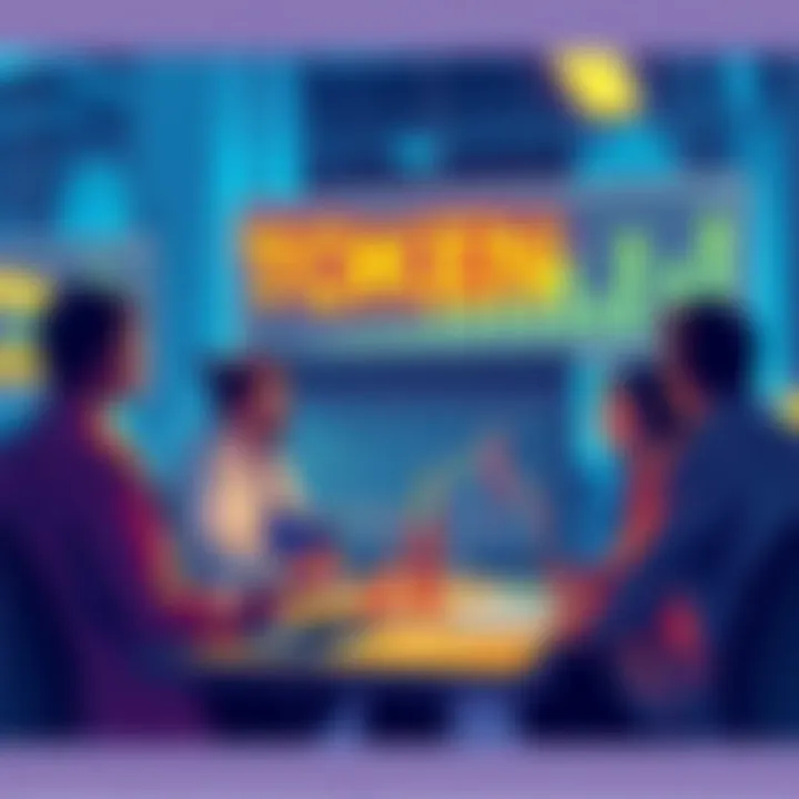 A group of people engaging in a lively discussion about a token, with charts and graphs illustrating community activity.