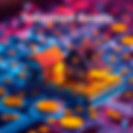 A digital representation of tokenized assets including gold bars, a house, and currency symbols, illustrating the integration of real estate and commodities in a digital format.