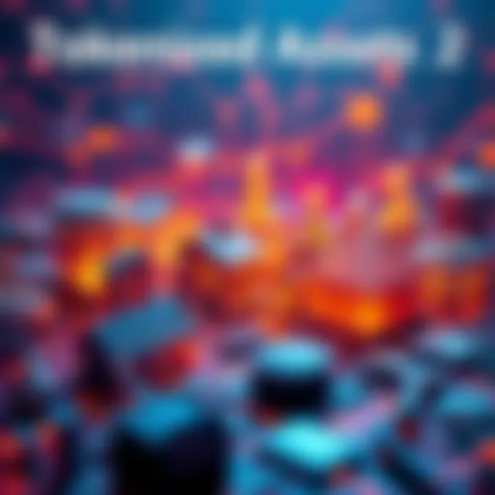 A digital representation of Real-World Asset tokenization, showing various asset types like real estate and commodities linked to blockchain technology.