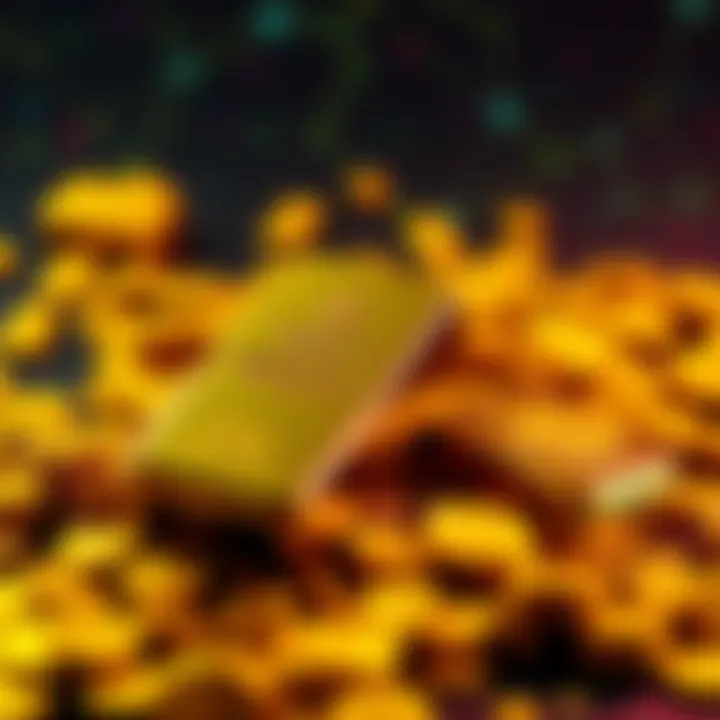 A digital representation of gold tokens and coins alongside traditional gold bars.