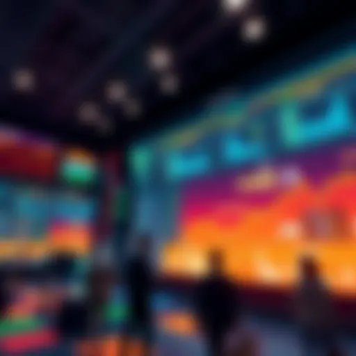 A visual representation of a digital trading platform with diverse stock options and people engaging in trading activities