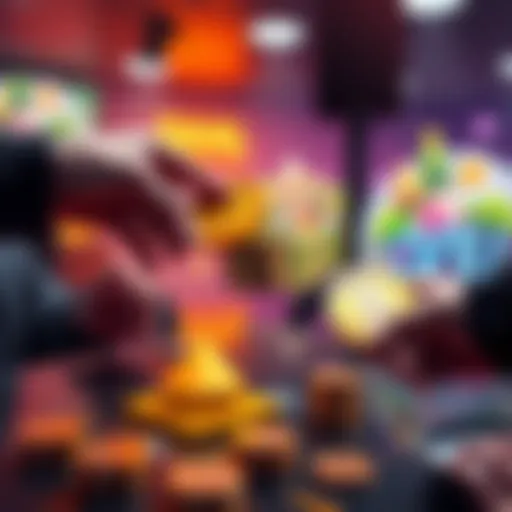 A graphic showing bid tokens being exchanged for AB tokens in a gaming environment, with colorful illustrations of game parcels in the background.