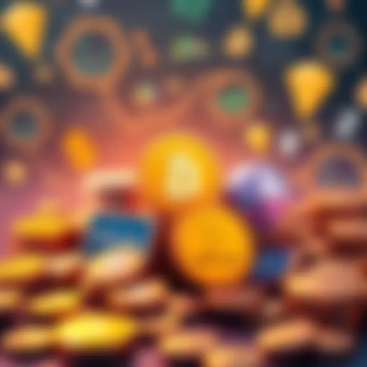 An illustration showing various tokens representing digital assets like gift cards, with a backdrop of blockchain symbols and financial icons.