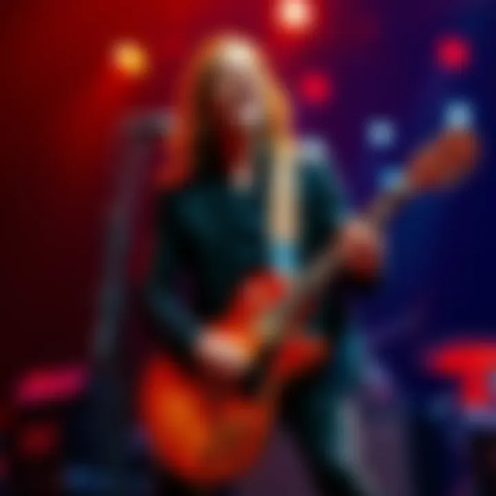 Tom Petty playing guitar on stage during a concert, capturing the energy of rock music.