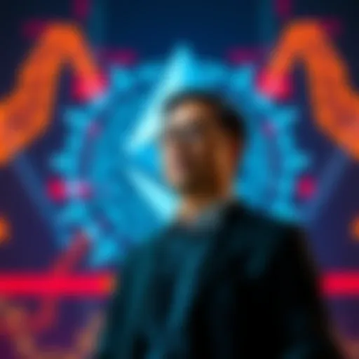 Tom Lee standing in front of a digital Ethereum logo, symbolizing BitMine's shift in investment focus from Bitcoin to Ethereum.