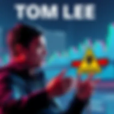 Tom Lee shares his optimistic predictions about cryptocurrency's future, with charts and graphs in the background, representing Morgan Stanley's support. Ethereum is shown with warning signs indicating a death cross.