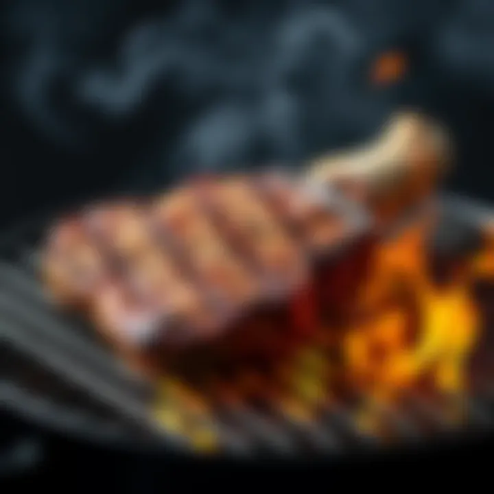 A perfectly cooked tomahawk steak resting on a Weber kettle grill with grill marks, surrounded by smoke and flames, ready for BBQ.