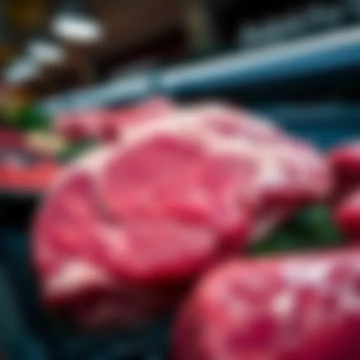 A fresh tomahawk steak priced at an incredible deal, showcasing its marbled texture and robust cut, laid out on a store shelf in Ralph's supermarket.