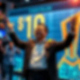 Tom Lee standing beside a large digital display showing $10 billion in staked ETH, smiling and surrounded by excited investors