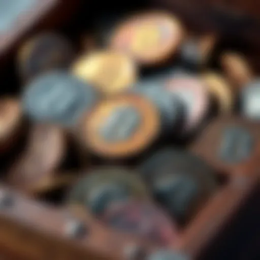 A close-up of toned coins showcasing different colors and textures due to water exposure, placed in a wooden box with moisture signs.