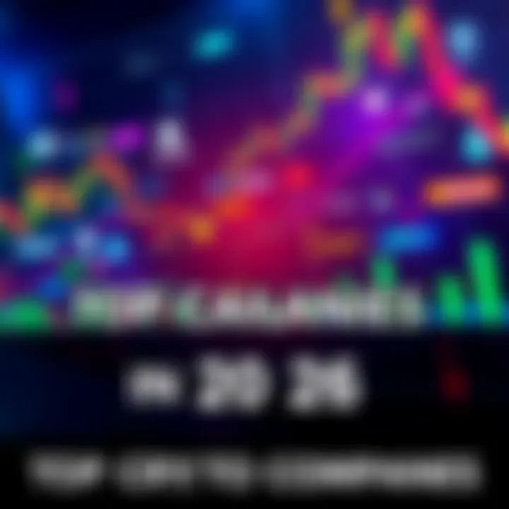 A graphic showing the logos of leading cryptocurrency companies and market data charts