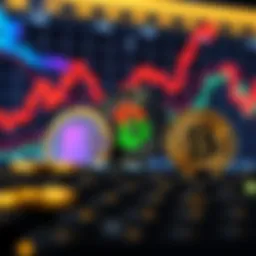 Three cryptocurrency coins representing top picks for investment during a bear market, with a downward trend graph in the background.