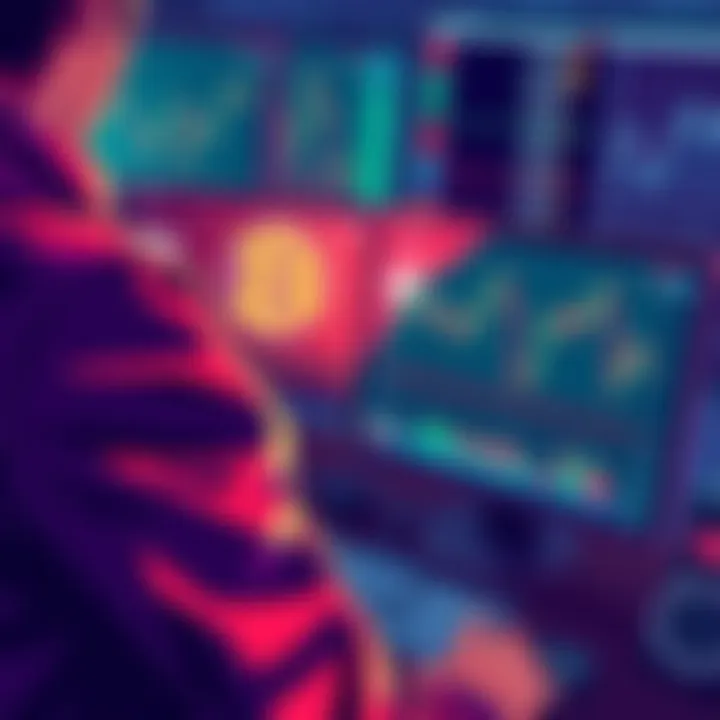 Illustration of a person analyzing DEX trading bots for BTC and SOL trades with charts and graphs visible on a screen.