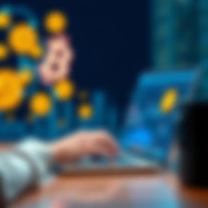 A person using a laptop to buy Bitcoin on a popular online platform, with Bitcoin symbols in the background.
