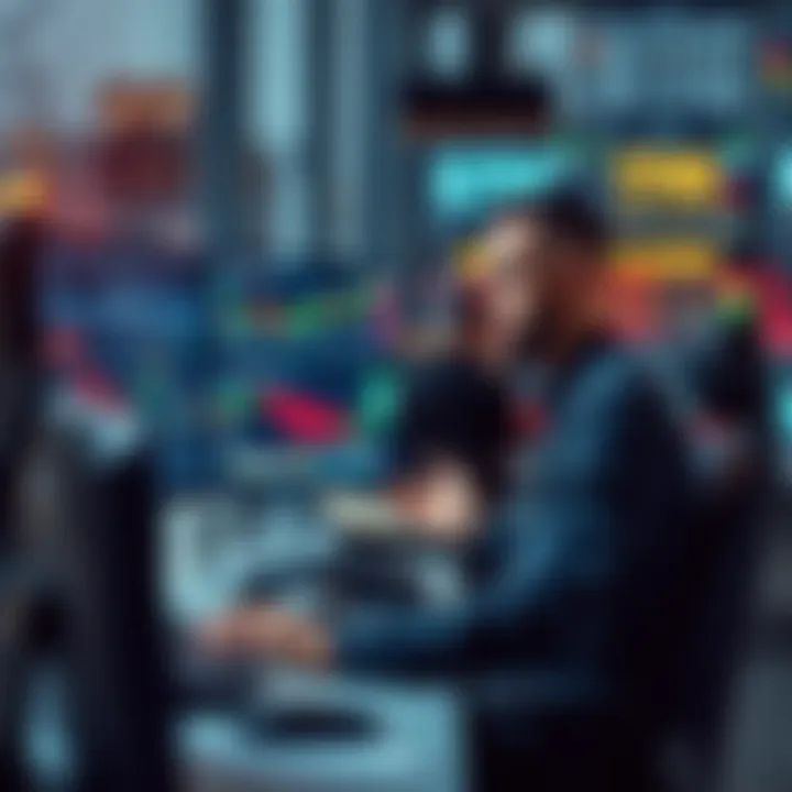 A successful trader analyzing market charts and data on multiple screens in a modern office