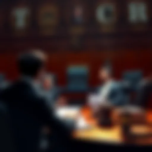 A courtroom scene showing lawyers discussing privacy software in relation to Tornado Cash, highlighting legal aspects of software publishing and money transmission.
