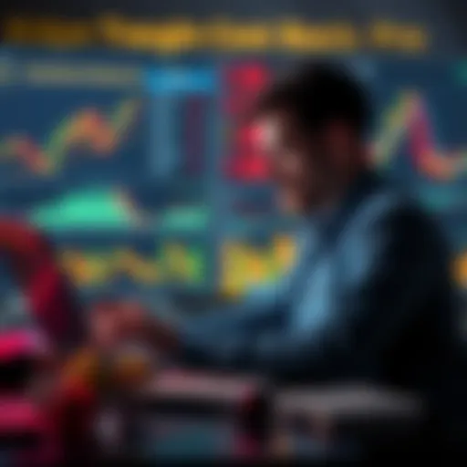 A person analyzing financial graphs and records on a laptop, looking thoughtful and focused, surrounded by charts showing market trends.