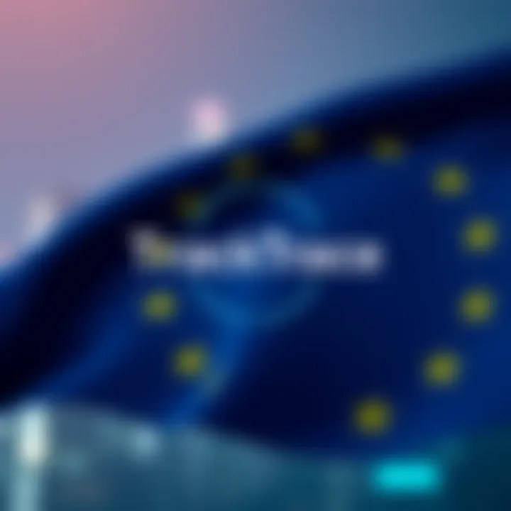 A digital representation of the TrackTrace logo with the EU flag in the background, symbolizing compliance with EU regulations.