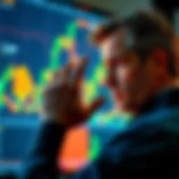A trader staring at a financial chart showing a Bitcoin price surge, looking frustrated and concerned.